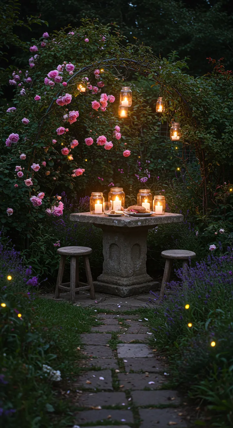 Mesa de piedra en un jardín de rosas iluminado con velas en frascos colgados de un arco.