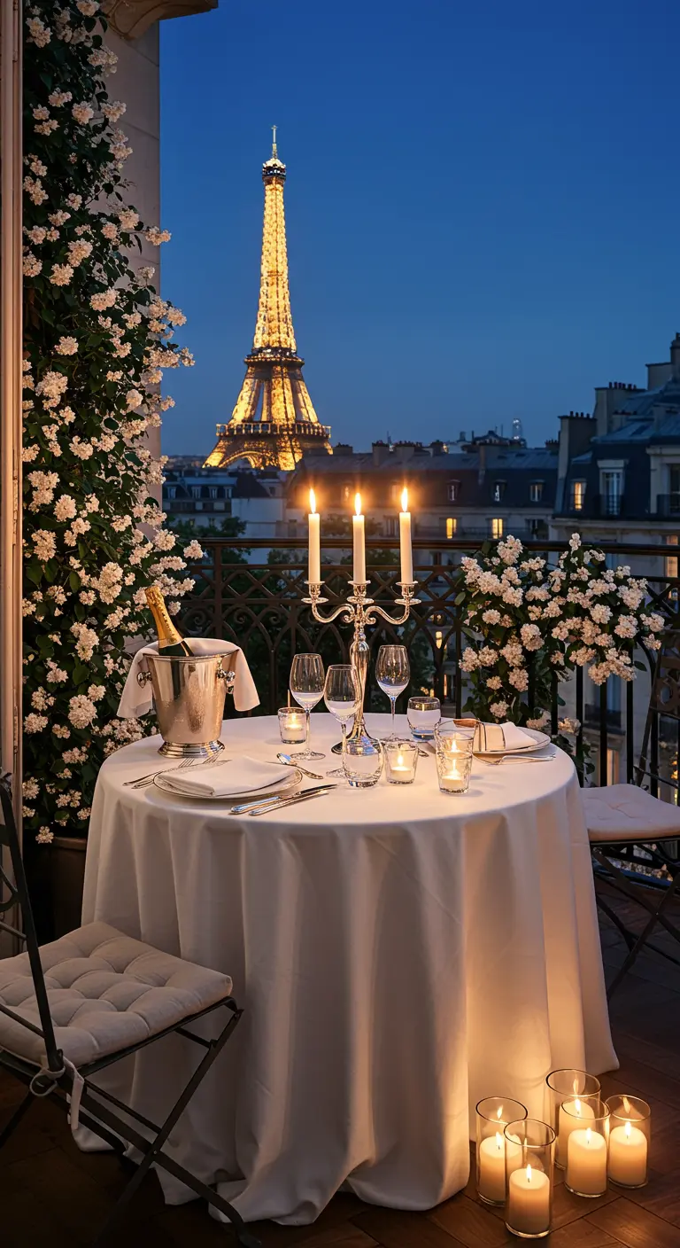 Cena romántica para dos en un balcón con vistas nocturnas a la Torre Eiffel, mantel blanco y candelabro.