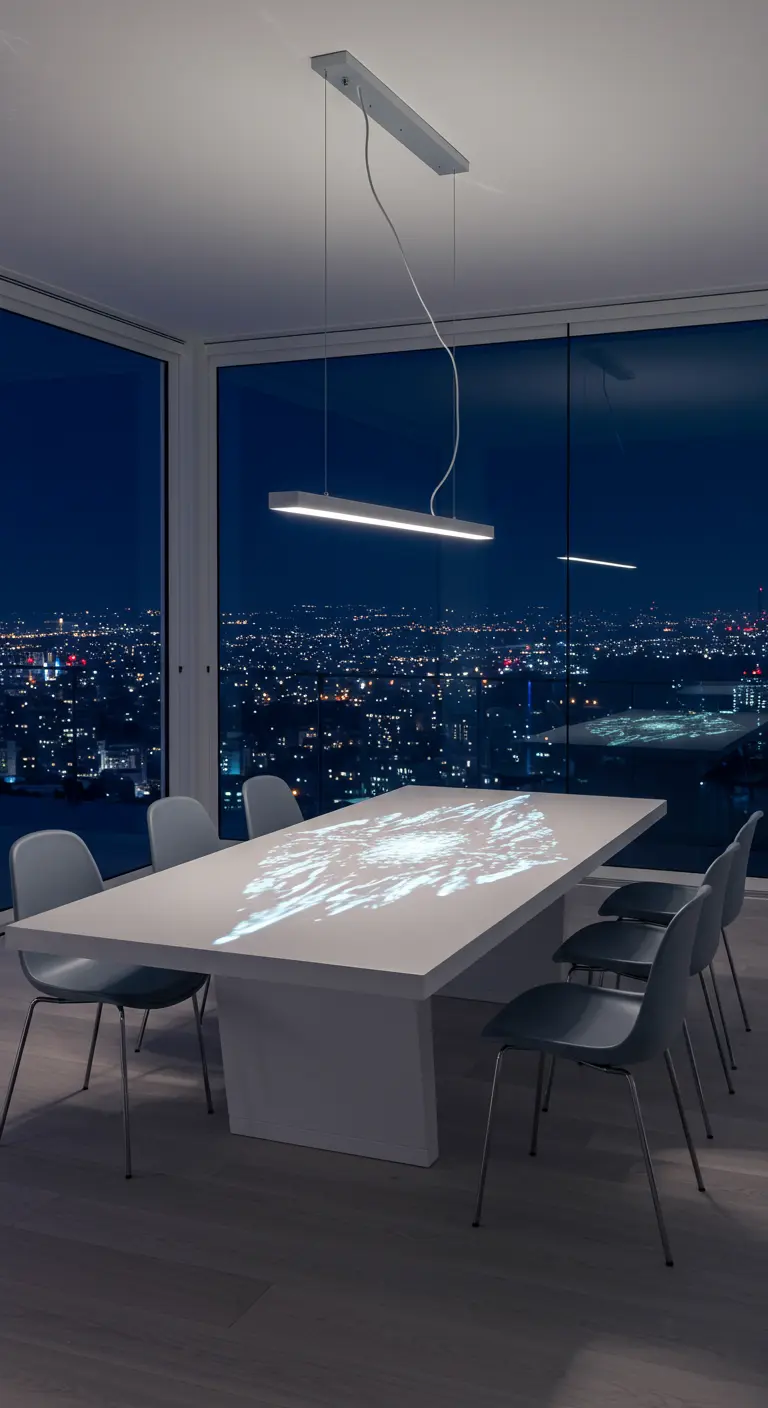Comedor futurista con mesa blanca, proyector de luz y lámpara LED con vistas a la ciudad.