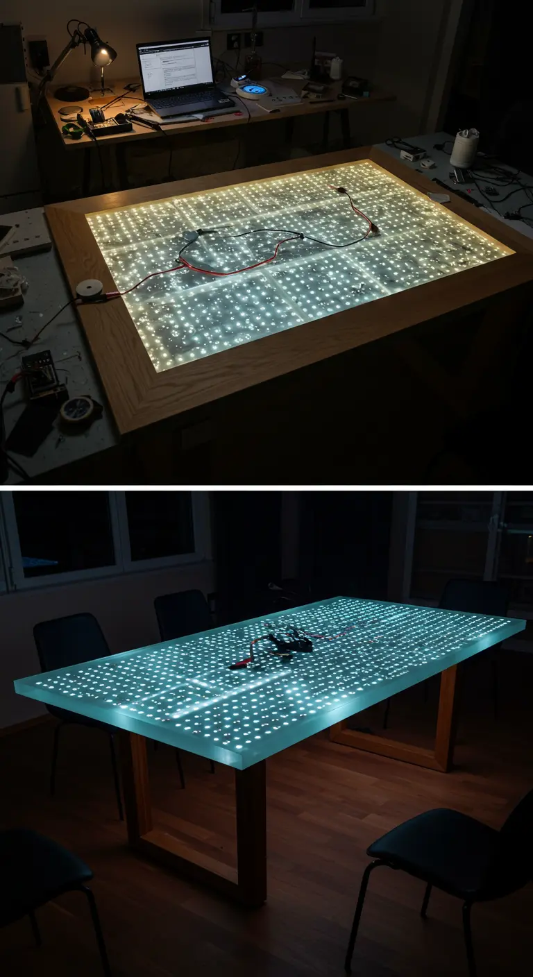 Mesa de comedor futurista hecha con una puerta de cristal iluminada desde abajo con luces LED.