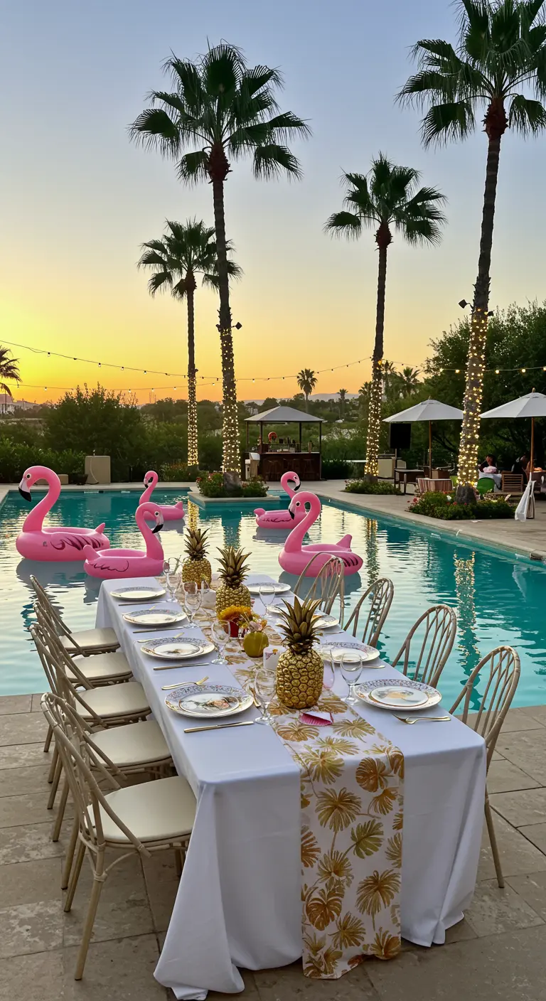 Mesa de cena elegante junto a una piscina con flotadores de flamencos al atardecer.