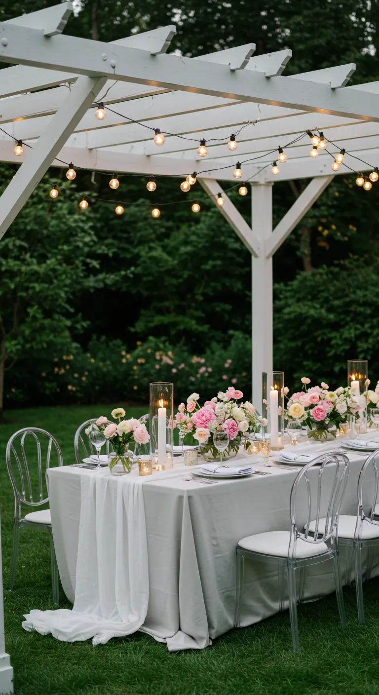 Mesa de cena elegante bajo una pérgola blanca iluminada, con flores rosas y sillas transparentes.
