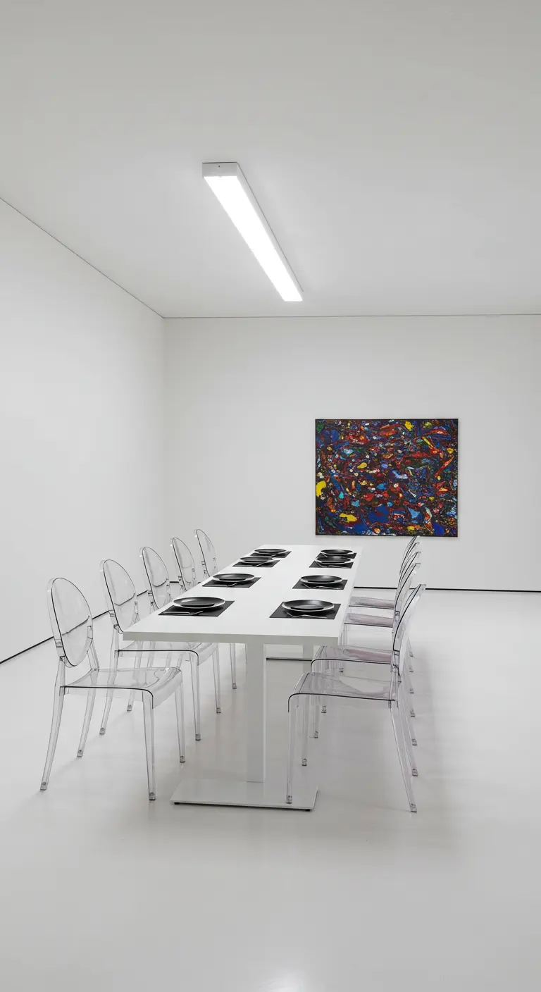 Comedor minimalista tipo galería de arte con paredes blancas y sillas transparentes.