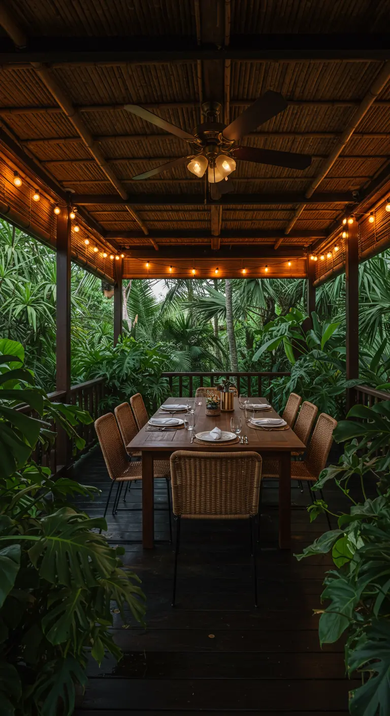 Comedor al aire libre bajo un porche con techo de bambú, rodeado de vegetación tropical