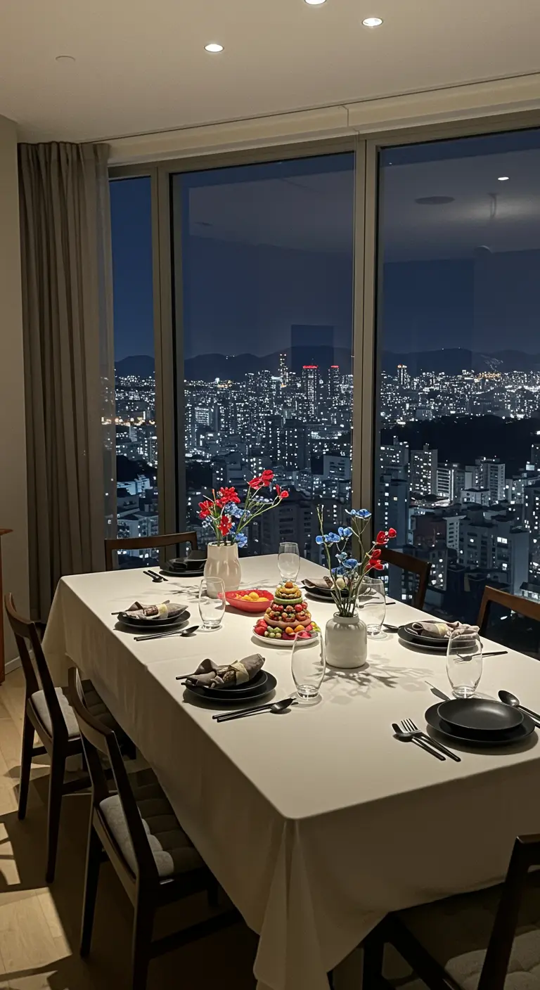 Mesa elegante con flores rojas y azules y vistas a la ciudad de Seúl de noche.