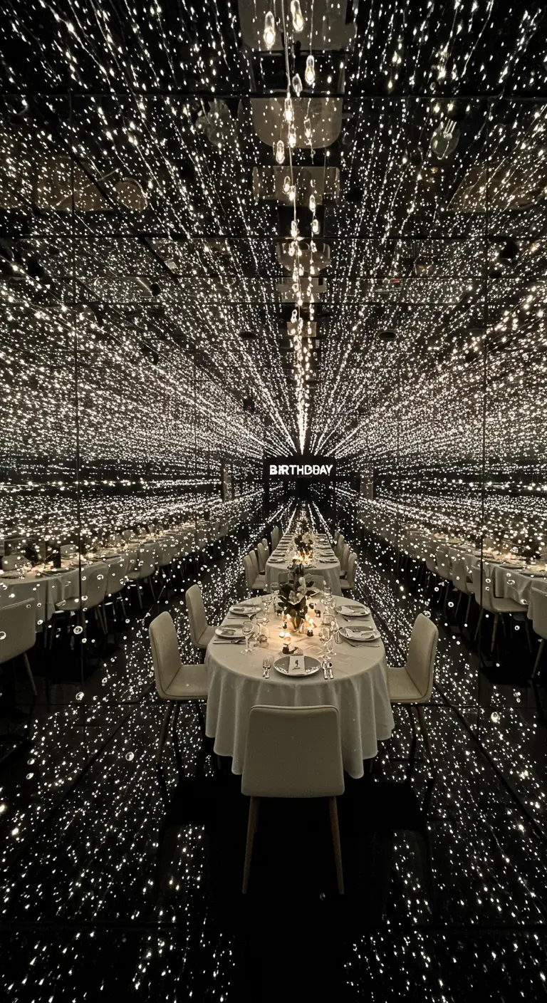 Comedor dentro de una habitación infinita de espejos y luces, creando un efecto de galaxia.