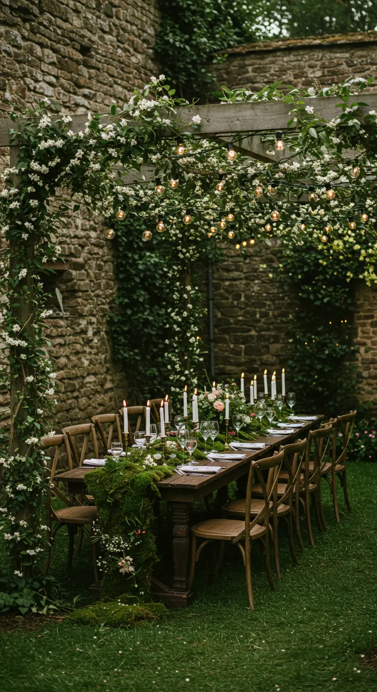 Mesa de cena en un jardín bajo una pérgola cubierta de flores y luces.