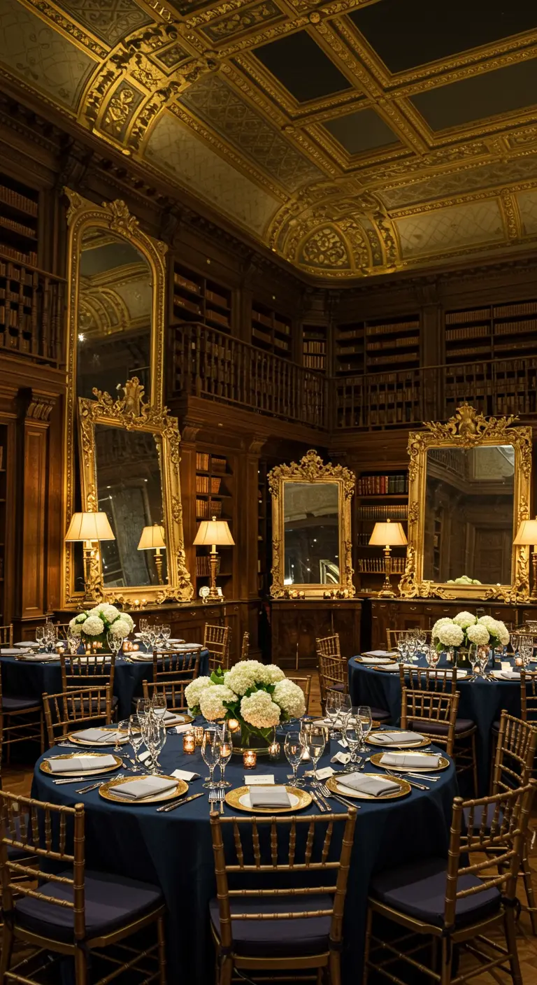Elegante biblioteca con mesas redondas, sillas doradas y grandes espejos con marcos ornamentados.