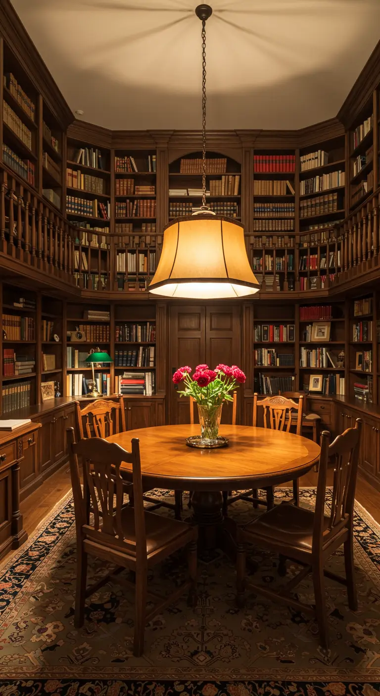 Comedor íntimo en una biblioteca clásica con una gran lámpara colgante sobre una mesa redonda.