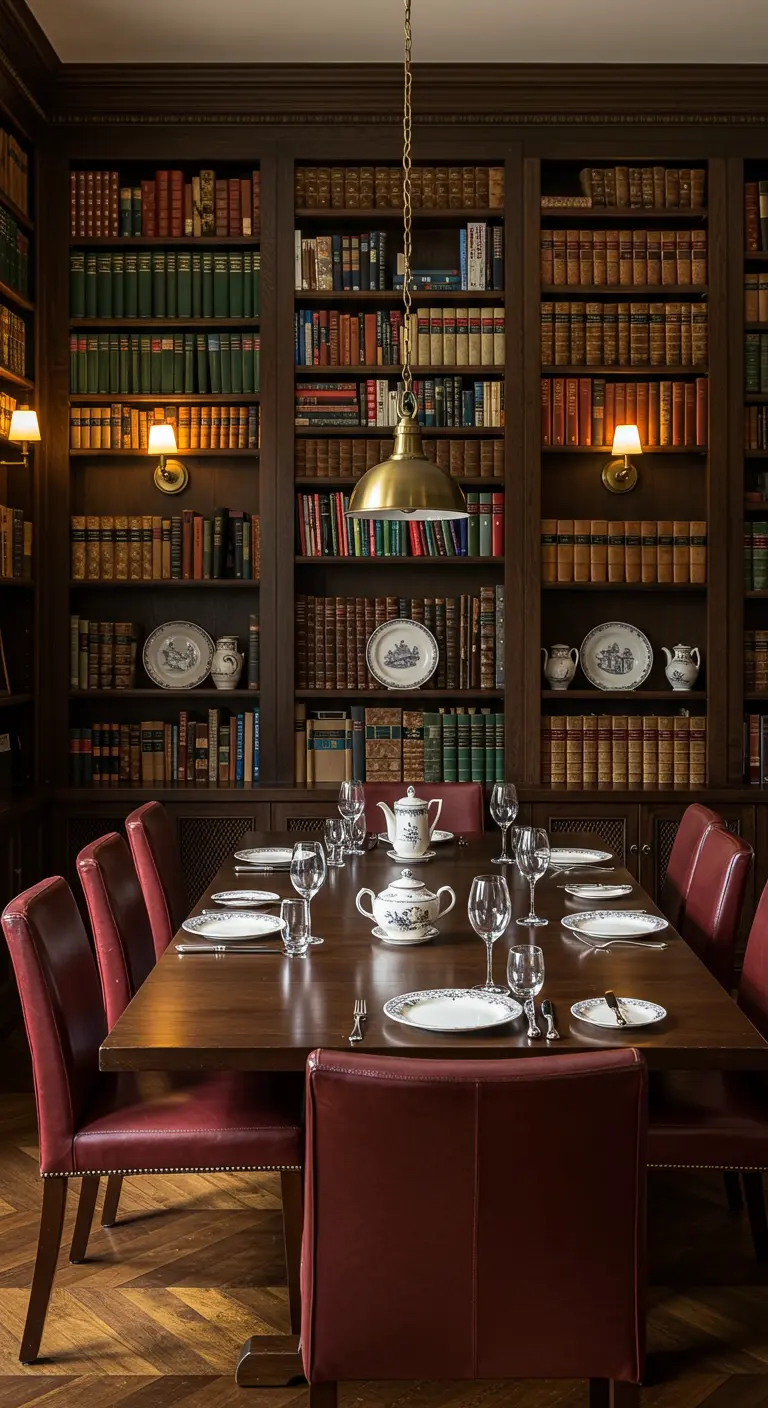 Comedor elegante rodeado de estanterías llenas de libros, con una mesa de madera oscura y sillas de cuero.