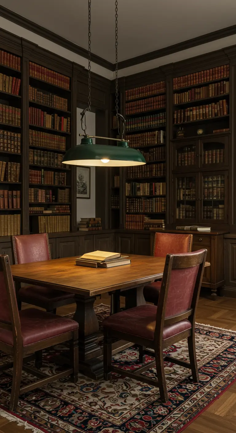 Comedor rodeado de estanterías de libros, con mesa de madera y sillas de cuero rojo.