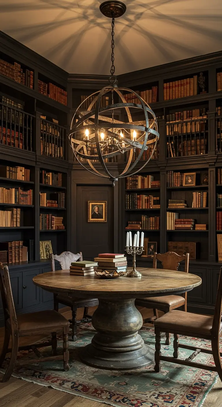 Comedor en una biblioteca con paredes oscuras, estanterías llenas de libros y mesa redonda