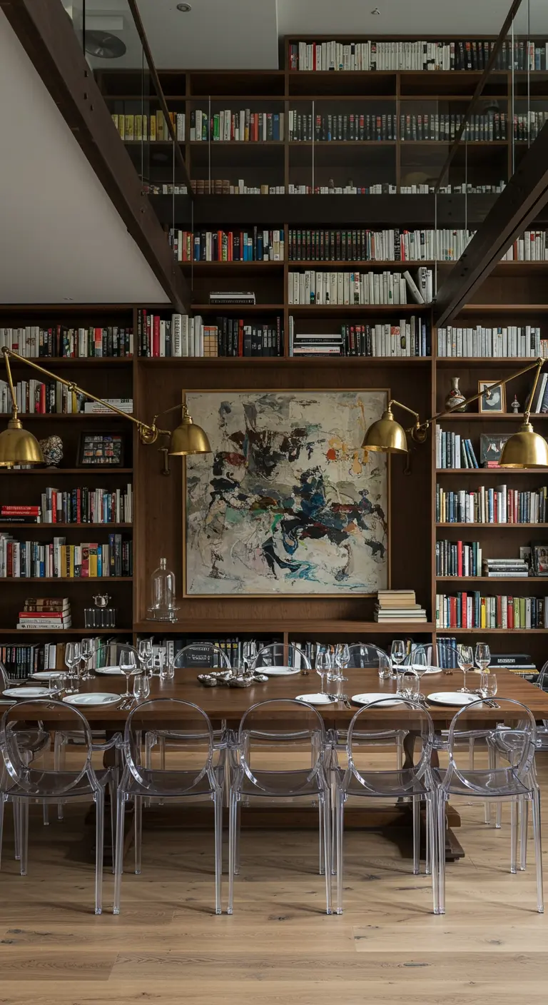 Comedor en una biblioteca con estanterías, arte abstracto y sillas transparentes.