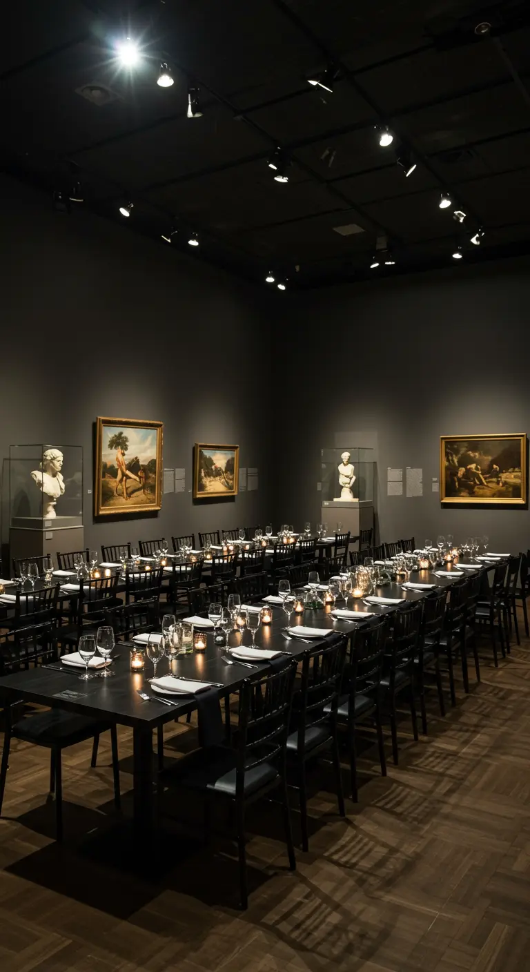 Cena elegante con largas mesas negras en una sala de museo rodeada de arte.
