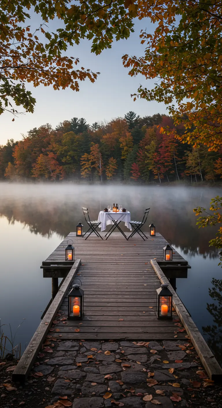 Cena para dos en el extremo de un muelle de madera sobre un lago con niebla.