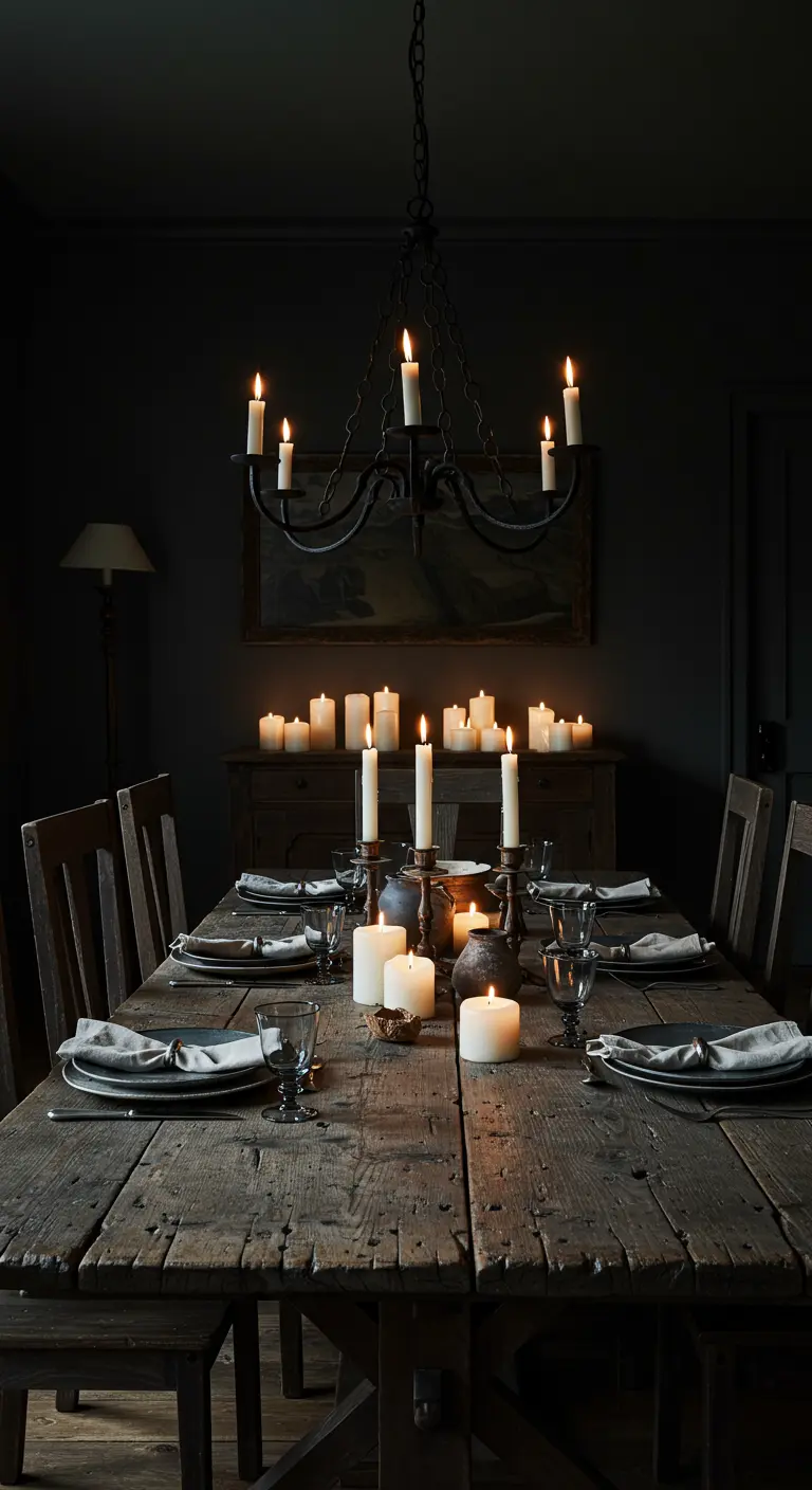 Comedor oscuro y dramático iluminado solo por velas y una lámpara de hierro tipo candelabro