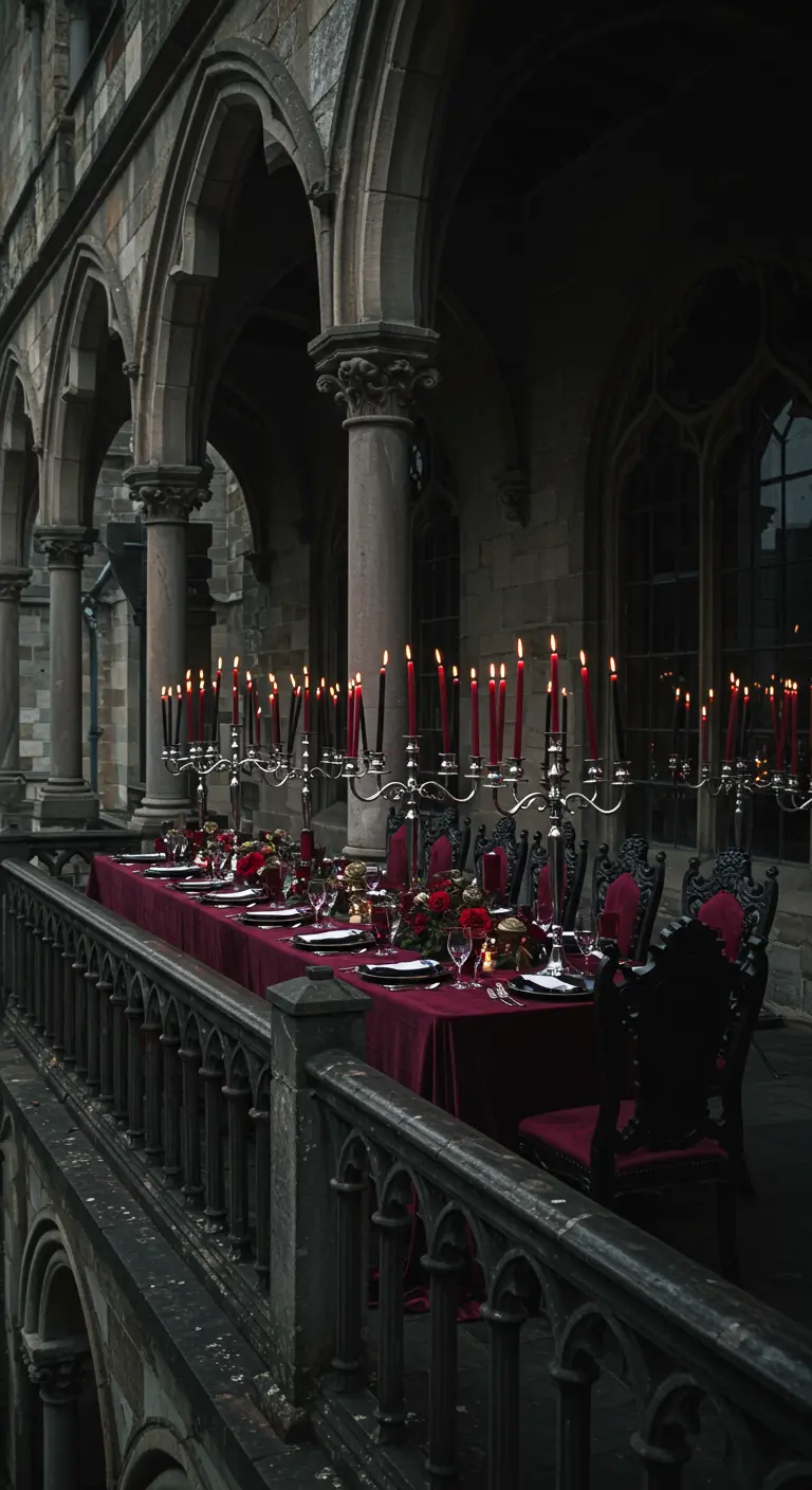 Balcón gótico con una larga mesa vestida de rojo, candelabros de plata y velas negras.
