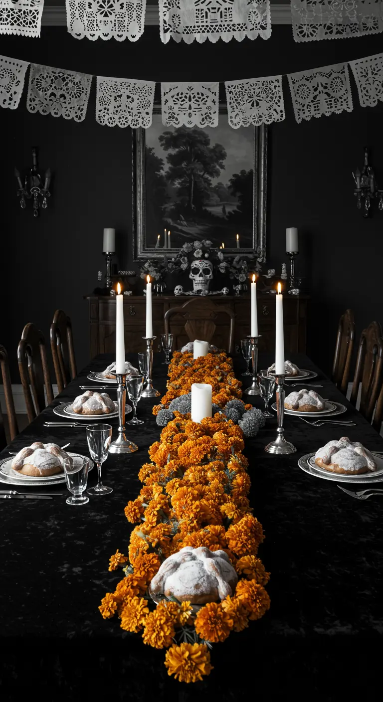 Comedor elegante y oscuro con un camino de mesa de cempasúchil y velas altas.