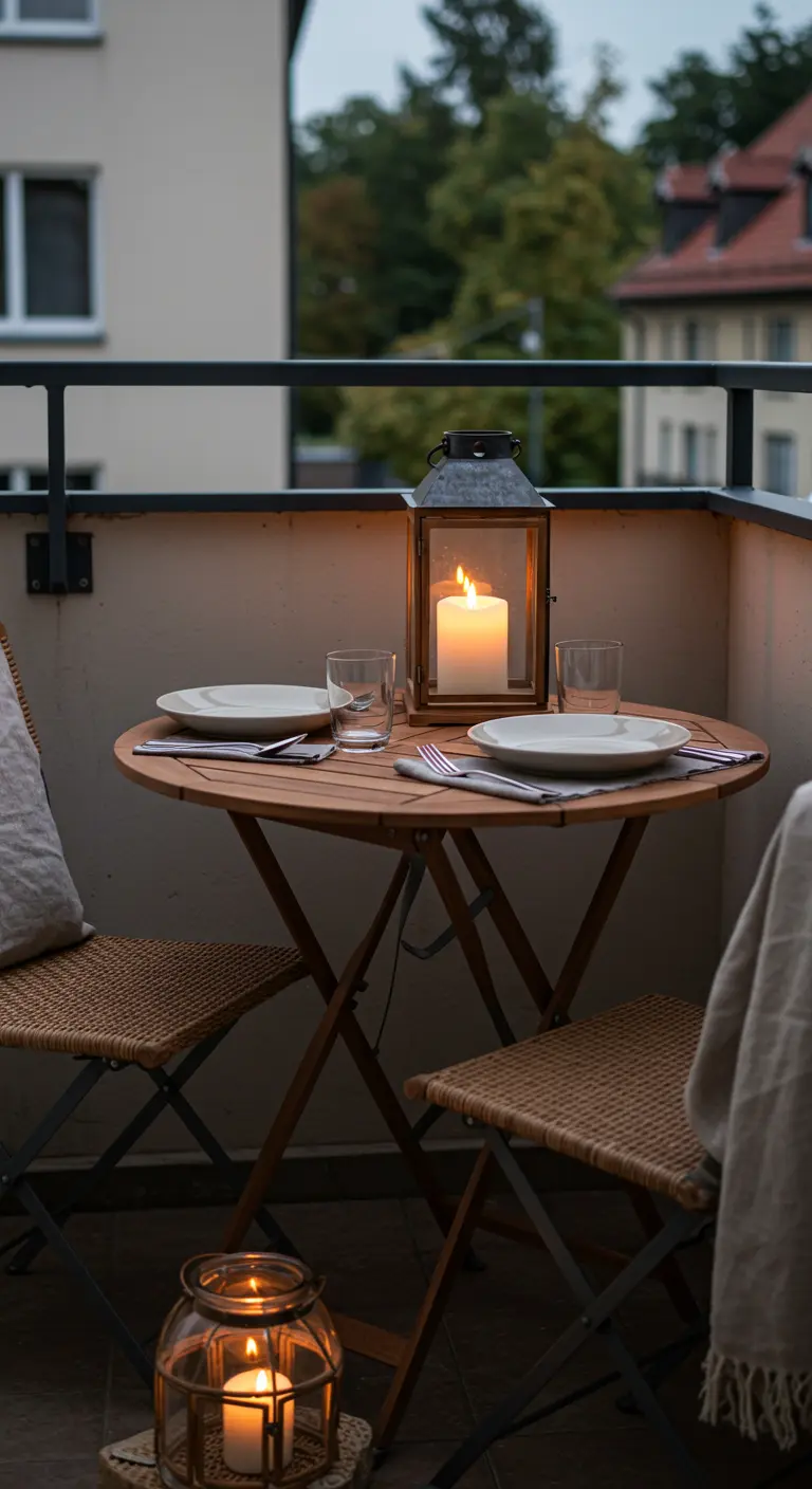 Cena romántica en un balcón pequeño con una mesa de bistró, velas y farolillos encendidos.