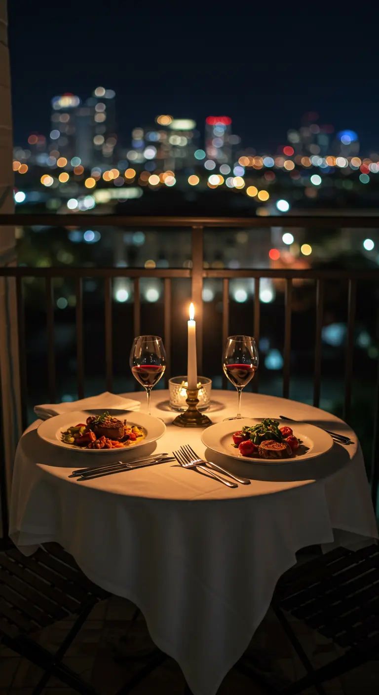 Mesa para dos con mantel blanco, vela y vino en un balcón con vistas nocturnas a la ciudad.