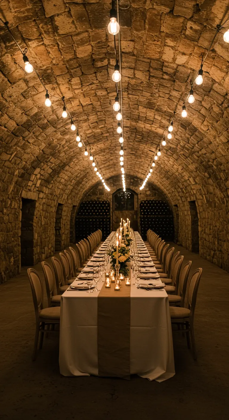 Larga mesa de boda en una bodega de piedra con un techo abovedado iluminado por bombillas.