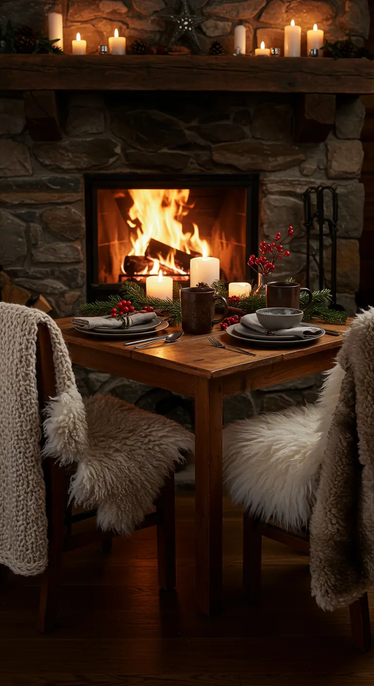 Mesa para dos frente a una chimenea, con mantas de piel y decoración rústica.