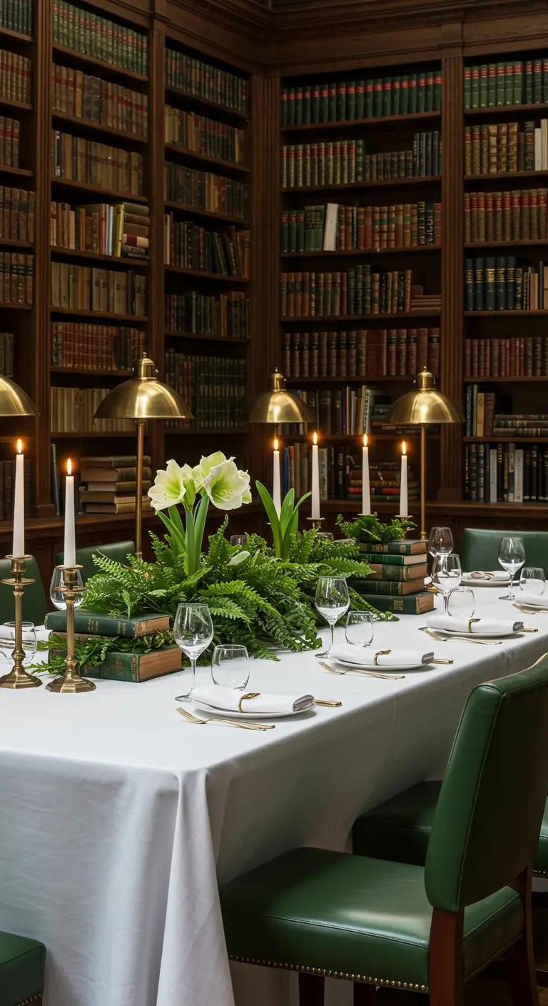 Mesa elegante en una biblioteca, con centros de mesa de flores sobre pilas de libros antiguos.
