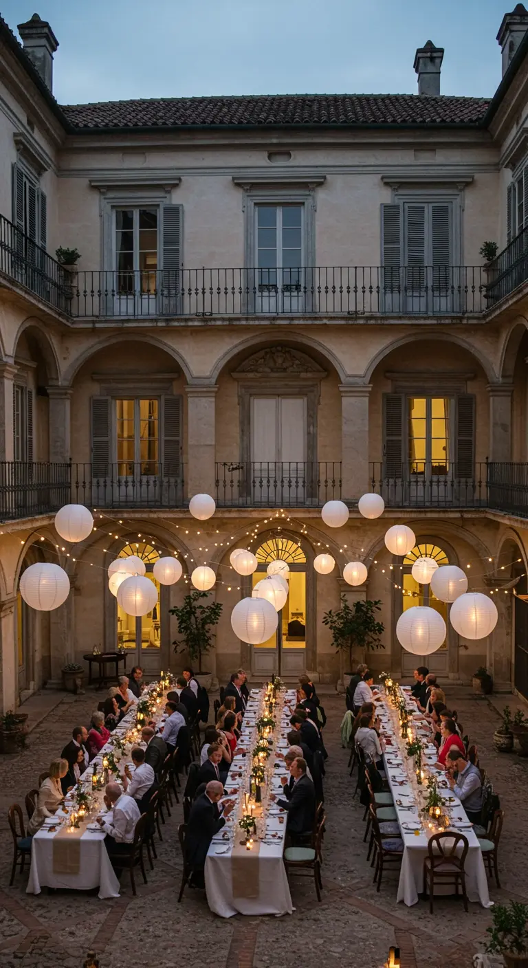Cena en un patio italiano con largas mesas bajo lámparas de papel y luces.
