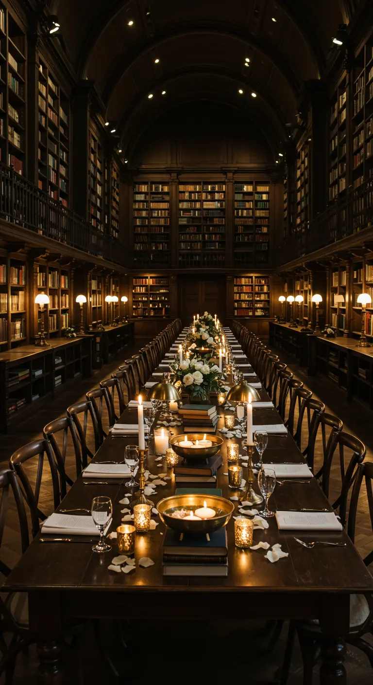 Larga mesa de comedor en una biblioteca con lámparas de latón y velas flotantes.