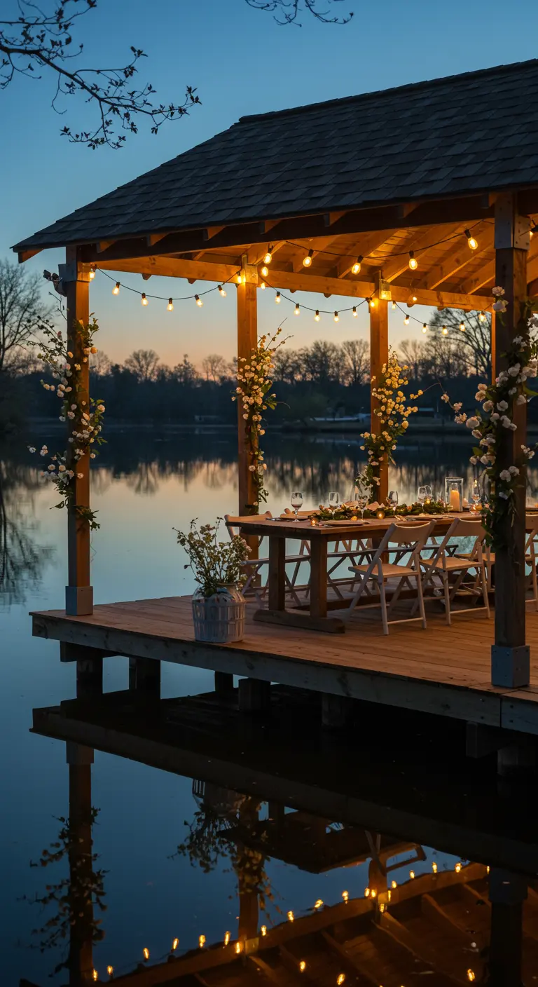 Cena en un muelle al atardecer con los postes decorados con flores blancas y luces.