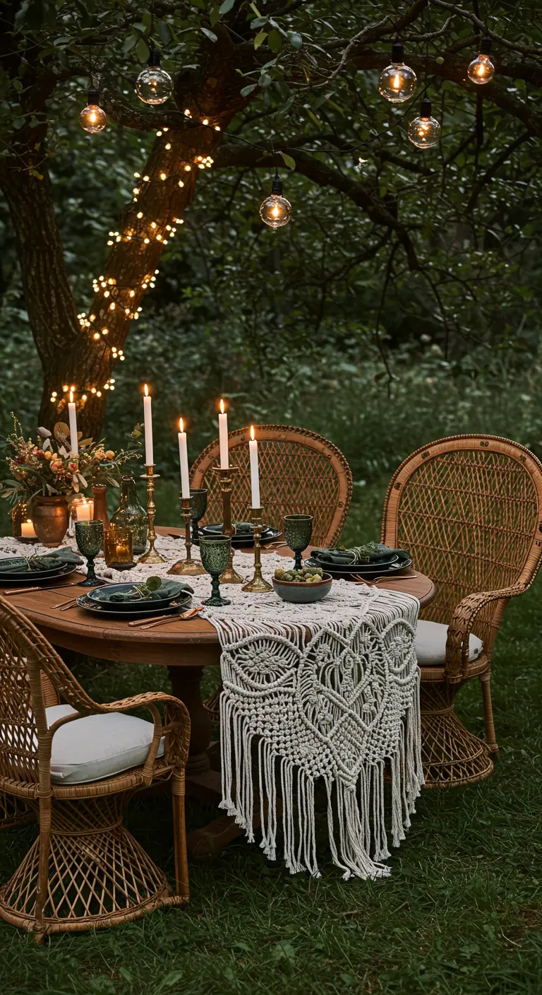 Mesa redonda bajo un árbol iluminado, con sillas de mimbre y un mantel de macramé.