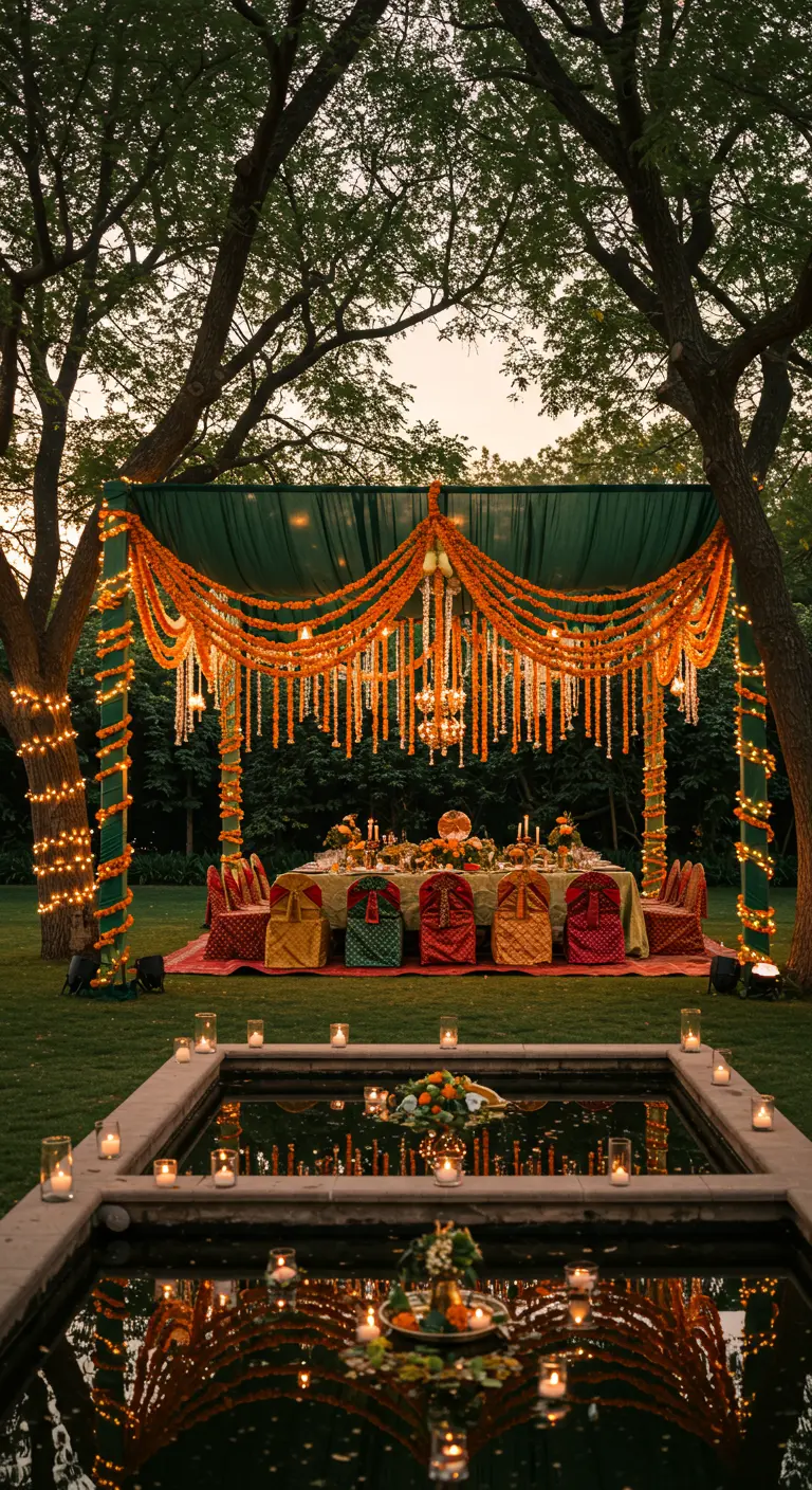 Cena al aire libre bajo un dosel verde con guirnaldas de caléndulas y luces cálidas.