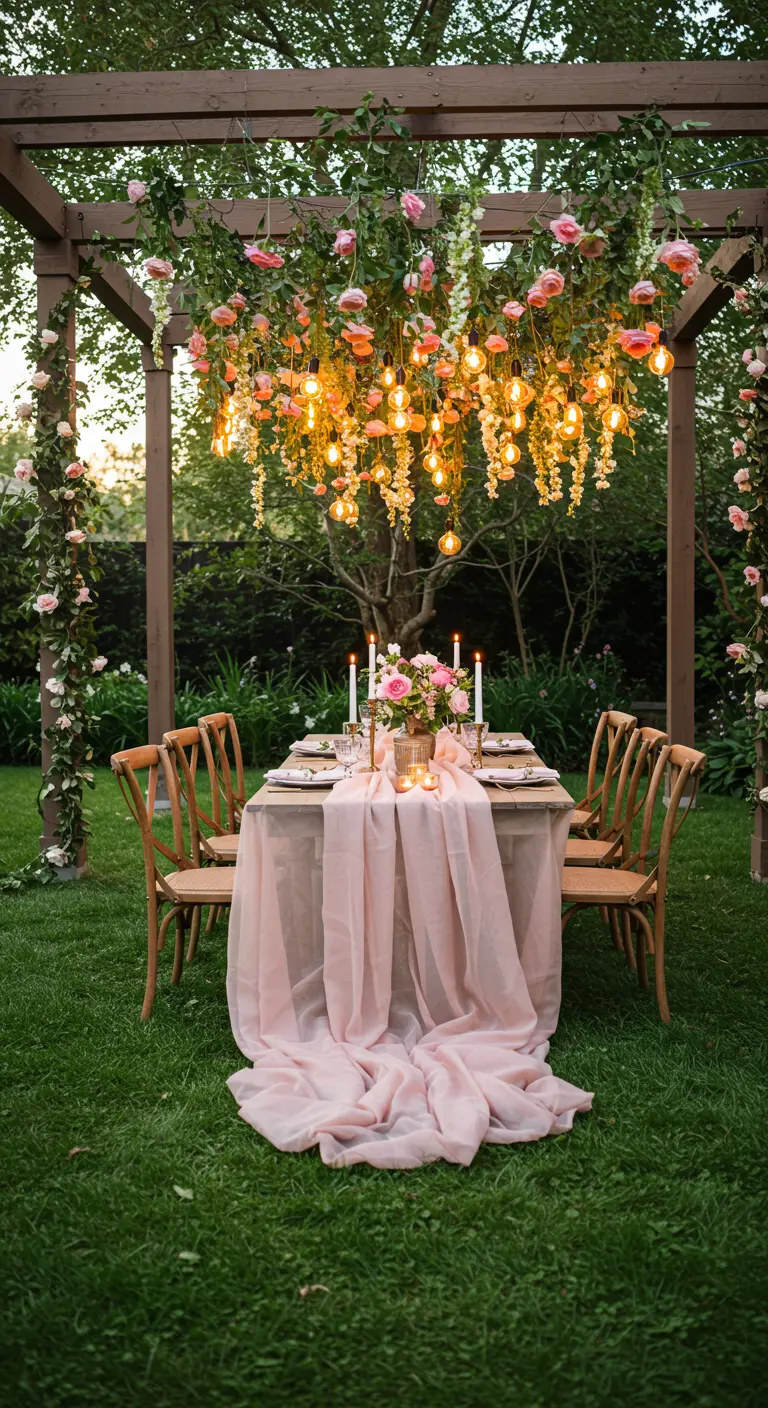 Mesa de comedor bajo una pérgola decorada con una cascada de rosas y luces.