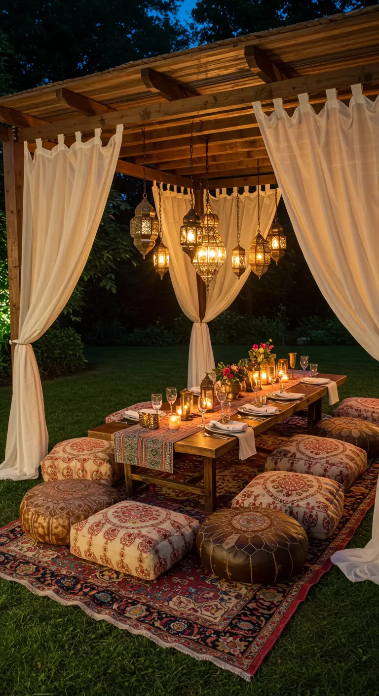 Cena bohemia bajo una pérgola con cortinas, farolillos colgantes y cojines en el suelo.