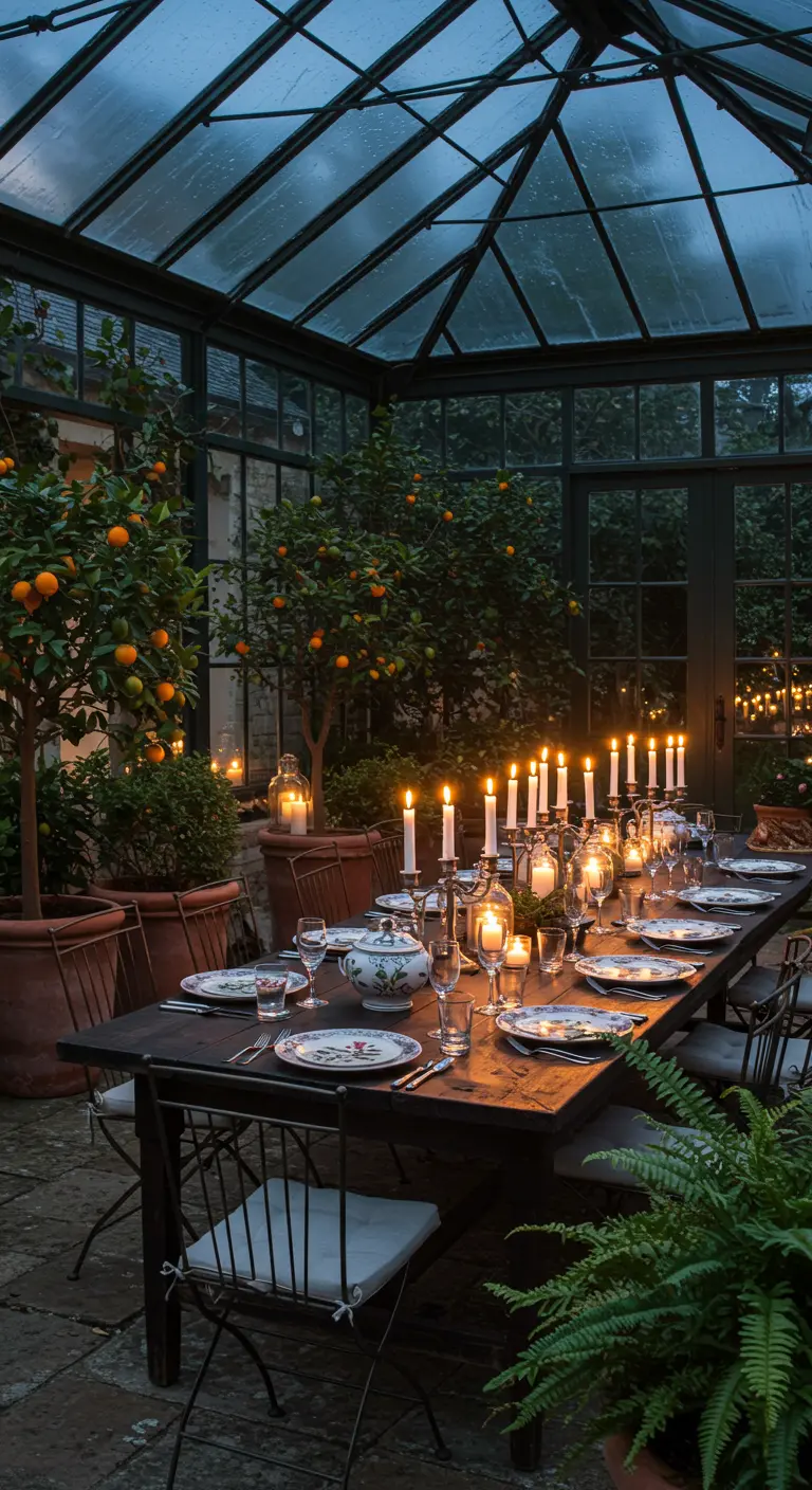 Cena a la luz de las velas en un invernadero por la noche, rodeado de plantas y árboles cítricos.
