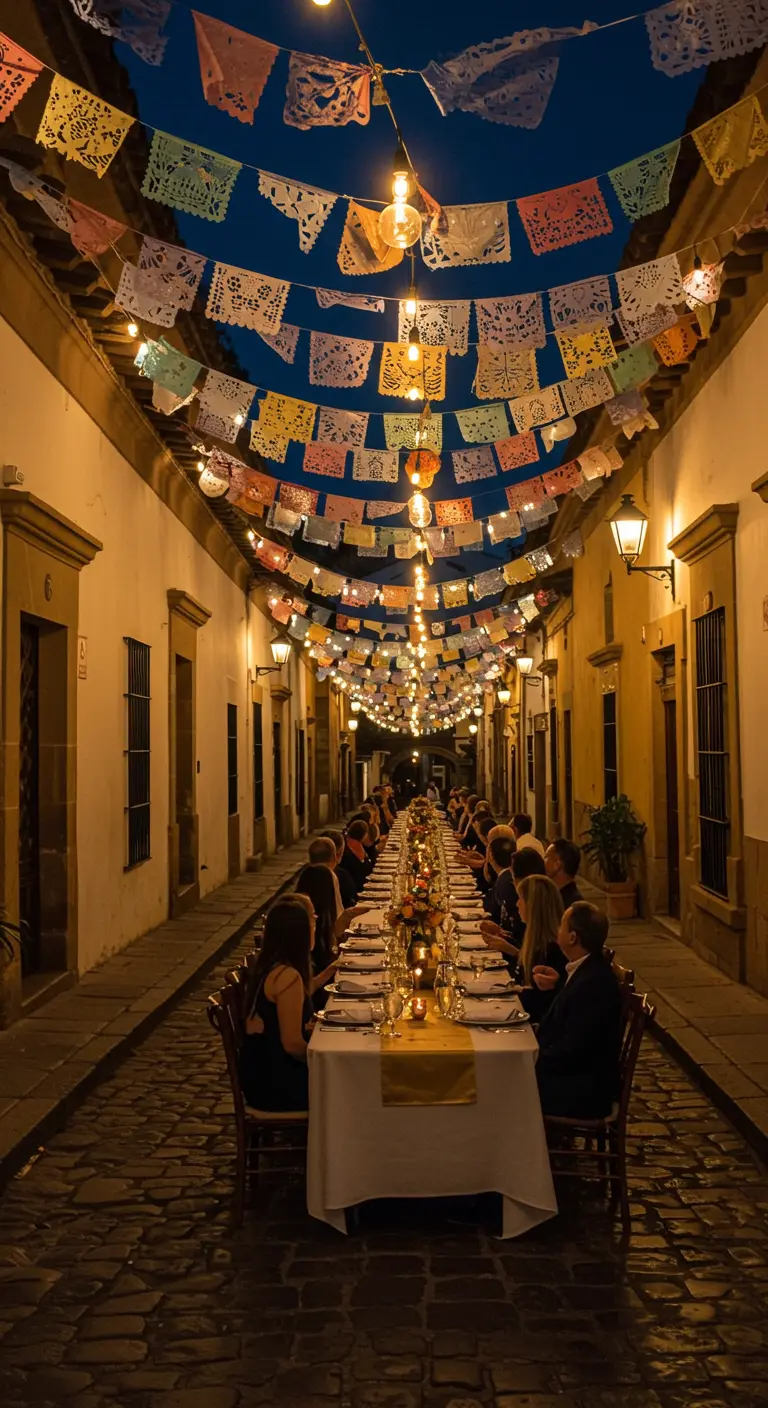 Cena en un callejón estrecho por la noche, con papel picado y luces colgando sobre una mesa larga.