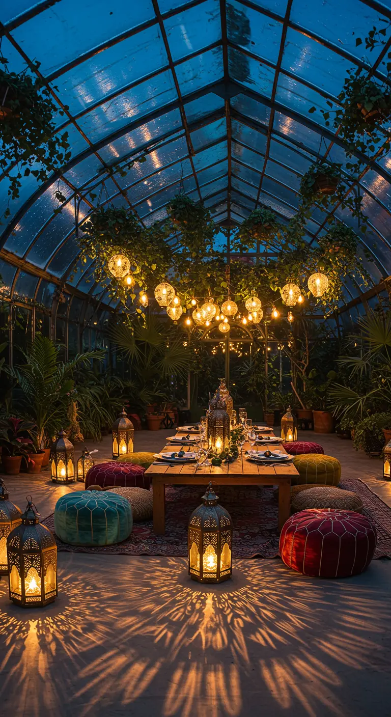 Cena bohemia en un invernadero iluminado por guirnaldas de luces y farolillos en el suelo.