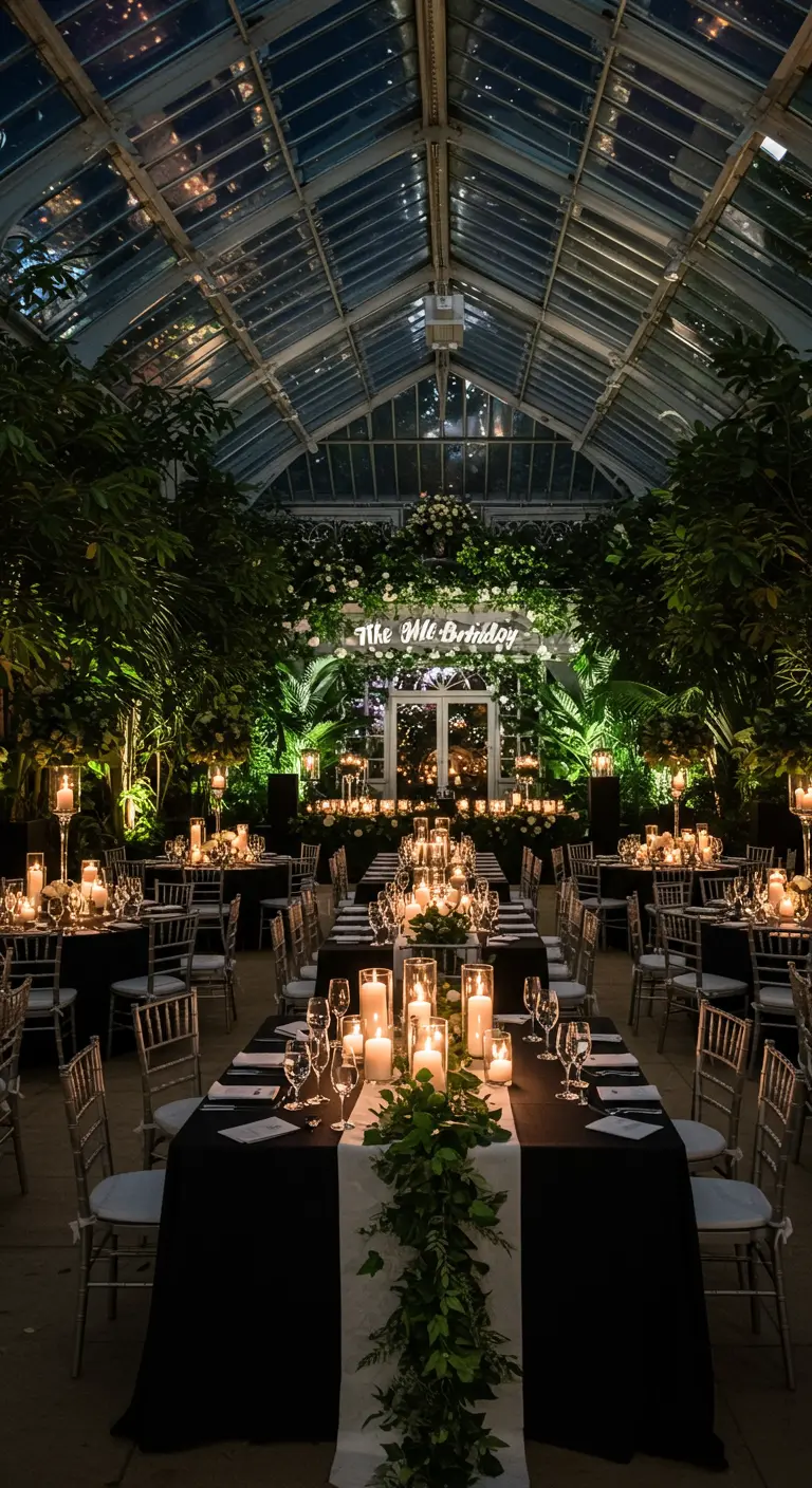 Cena nocturna en un invernadero lleno de plantas, con largas mesas iluminadas por velas.