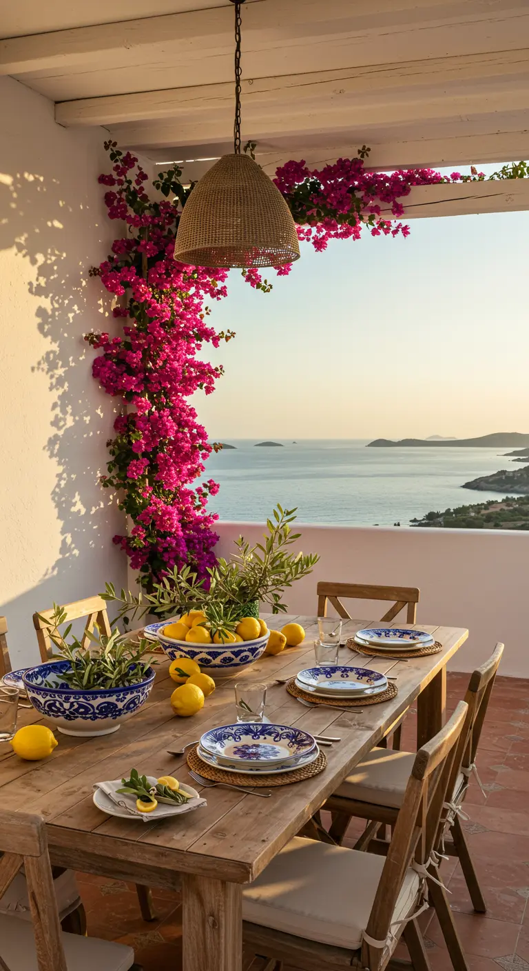 Mesa de comedor en una terraza con vistas al mar, buganvillas y cuencos con limones.