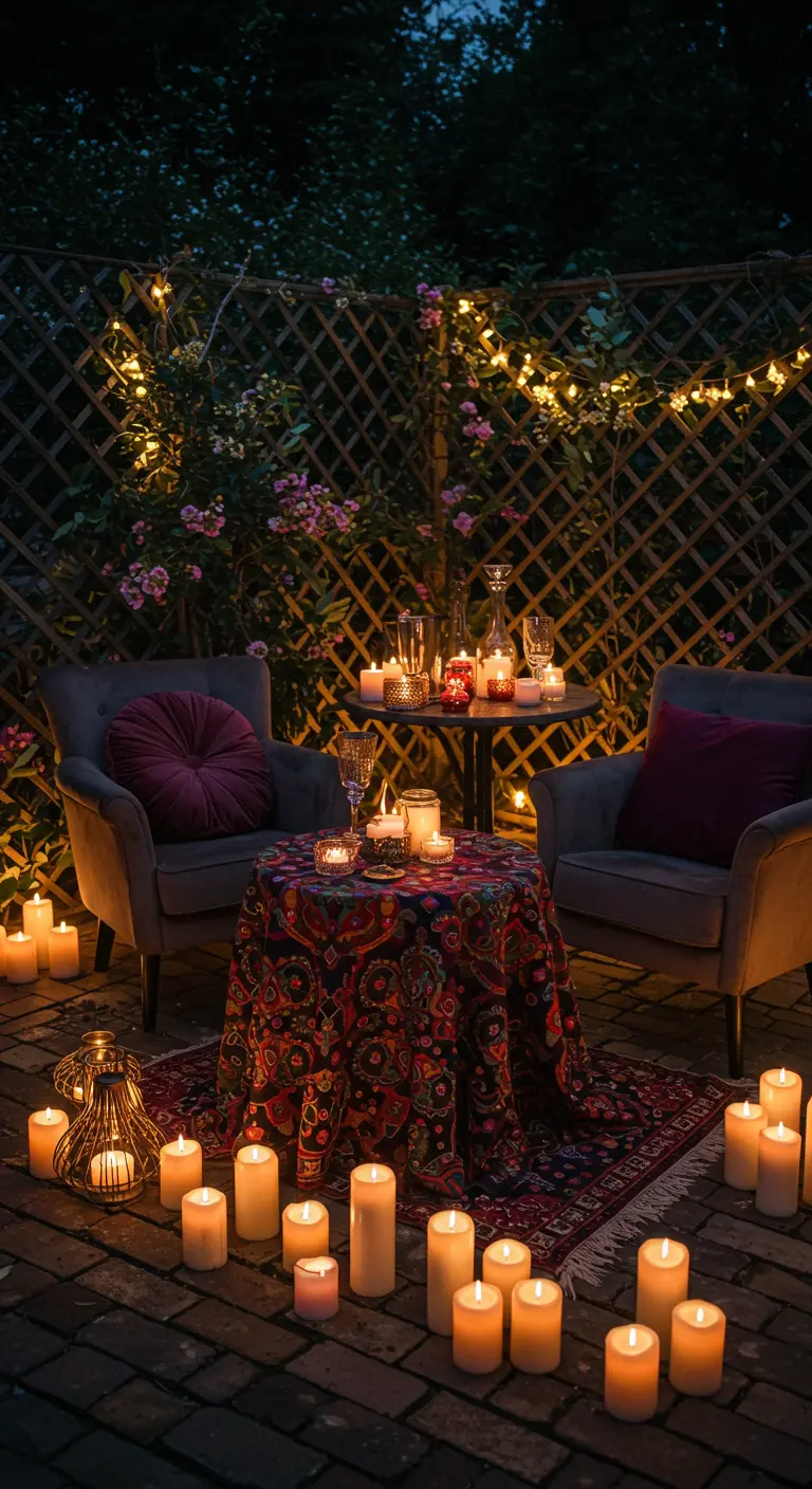 Rincón romántico nocturno con dos sillones, una mesa cubierta con mantel paisley y muchas velas.
