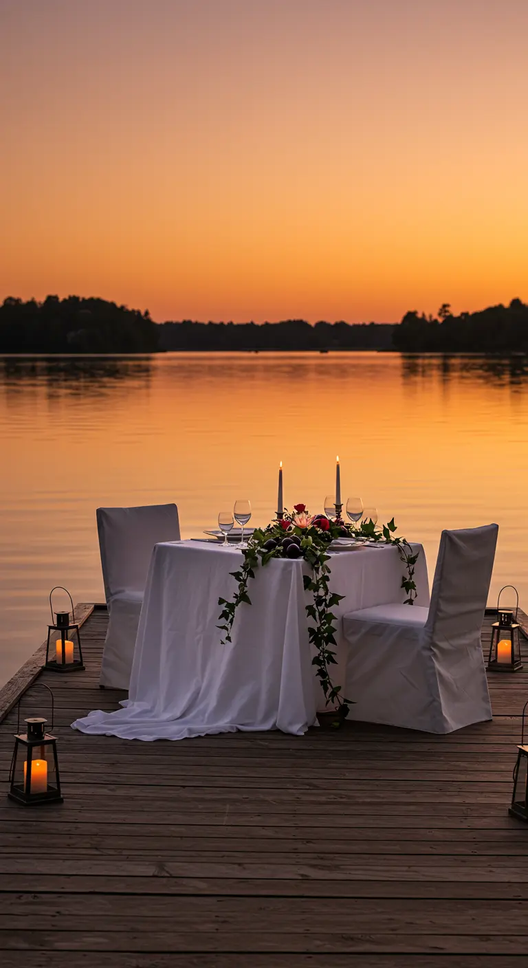 Cena para dos en un muelle al atardecer, con mantel blanco y farolillos.