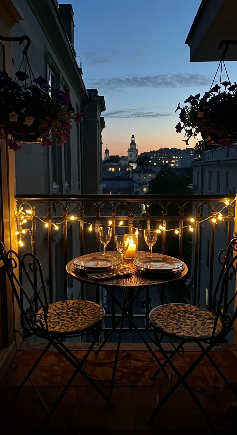 Balcón con mesa de hierro forjado preparada para una cena romántica con velas y luces.