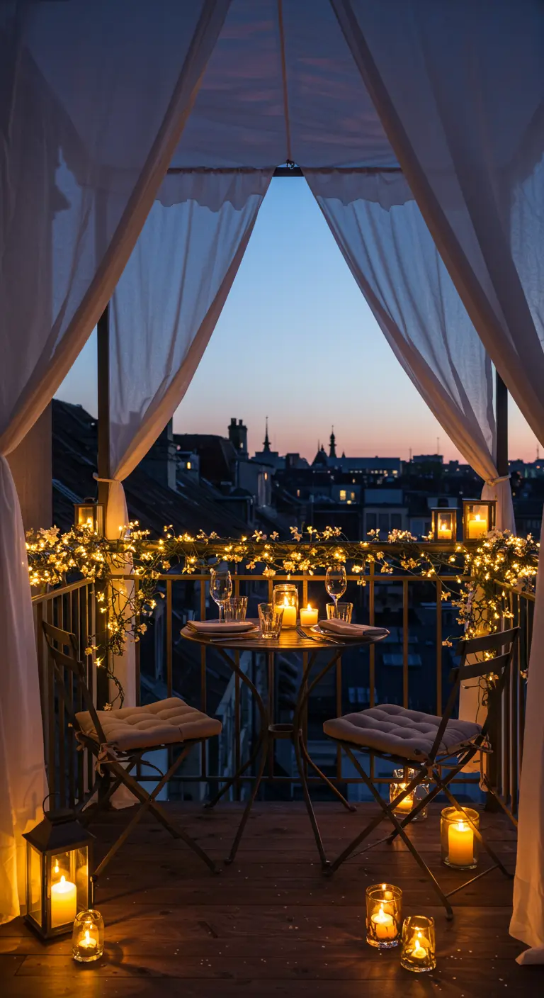 Balcón romántico con una mesa para dos, velas, cortinas blancas y guirnaldas de luces por la noche.