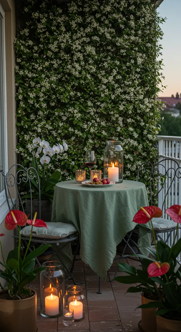 Balcón romántico con una pequeña mesa y sillas de forja, velas y una pared cubierta de flores blancas.