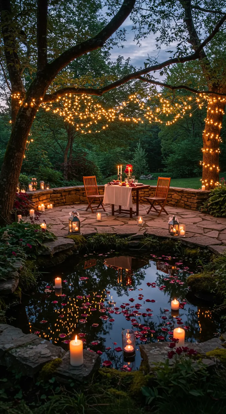 Cena romántica junto a un estanque con velas flotantes y guirnaldas de luces en los árboles.