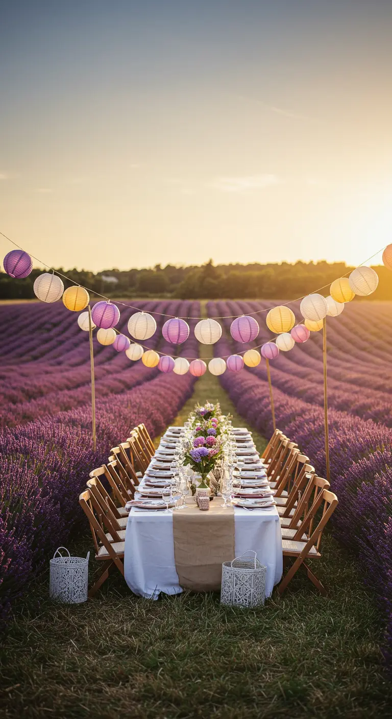 Mesa de comedor en un campo de lavanda con lámparas de papel moradas, rosas y blancas.