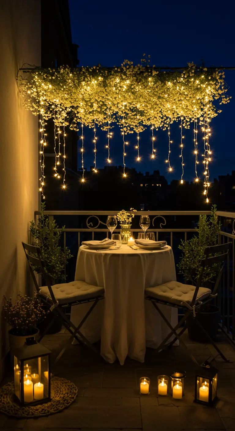 Mesa para dos en un balcón bajo un techo de flores blancas y luces de hadas creando un ambiente íntimo.