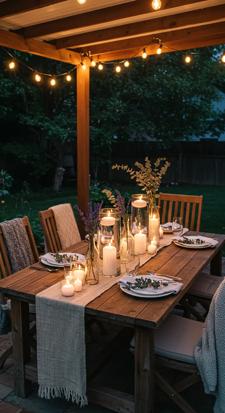 Mesa de madera rústica en un patio con velas flotantes, lavanda y guirnaldas de luces.
