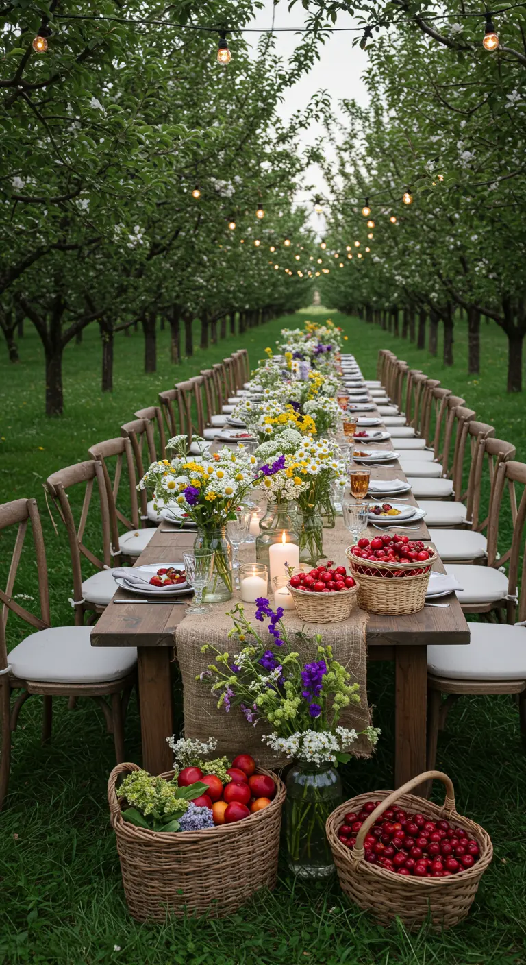 Mesa de madera larga en un huerto, decorada con flores silvestres y cestas de fruta.