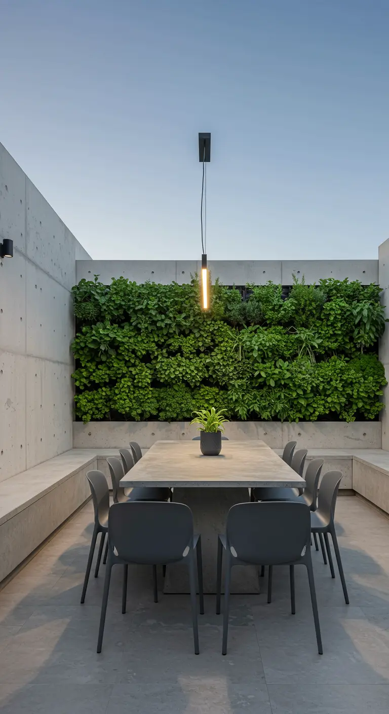 Comedor exterior de hormigón con una gran pared verde como telón de fondo.